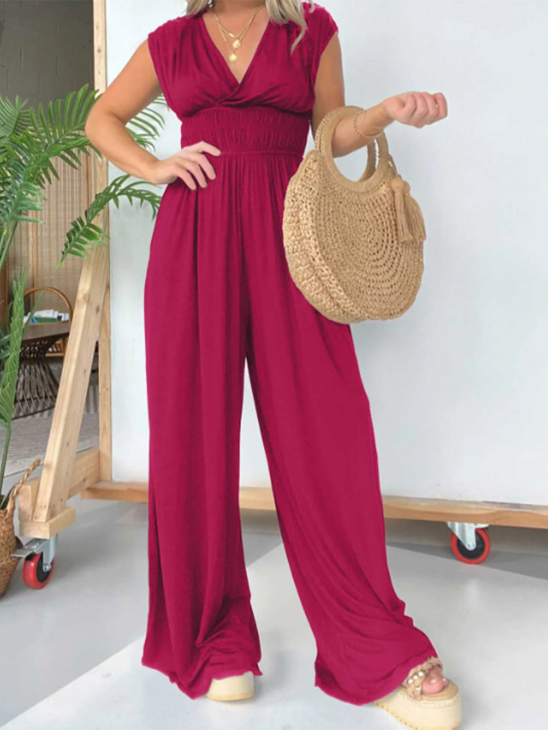 Smocked Cap Sleeve Wide Leg Jumpsuit