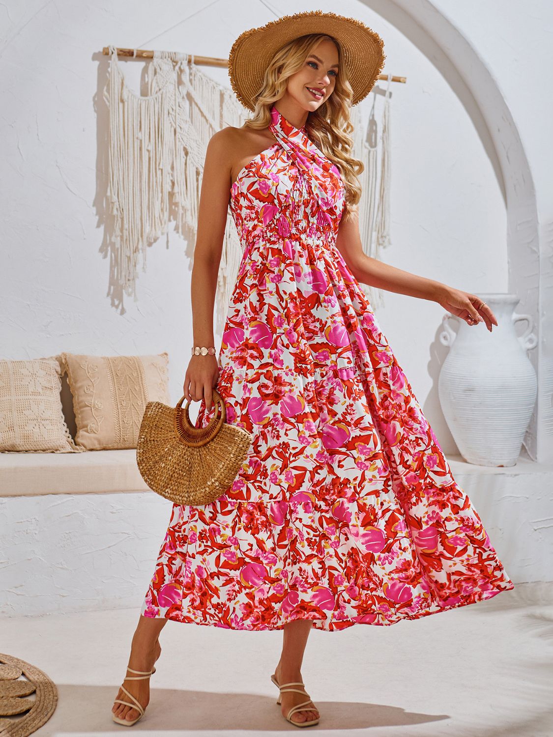 Smocked Printed Sleeveless Midi Dress